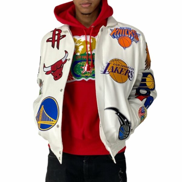 White NBA Team Collage Jeff Hamilton Leather Jacket