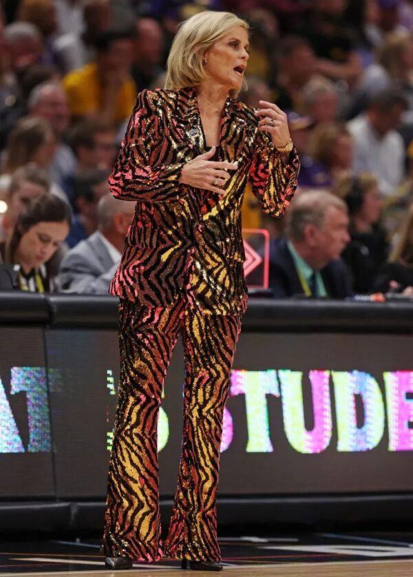 Kim Mulkey Tiger Print Sequin Suit