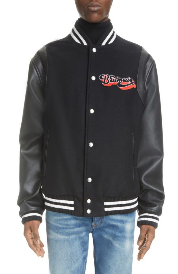 Balmain Black Leather & Wool Varsity Jacket | Jacketsland