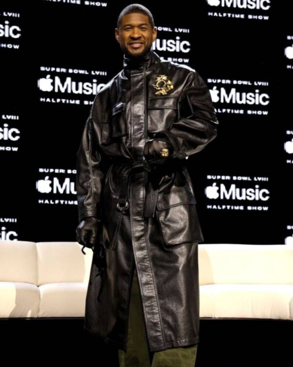 Usher Super Bowl LVIII Apple Music Half Time Show Leather Trench Coat