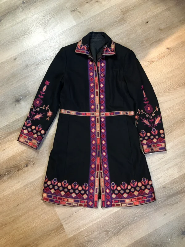 Black Wool Car Coat With Flower Embroidered Coat