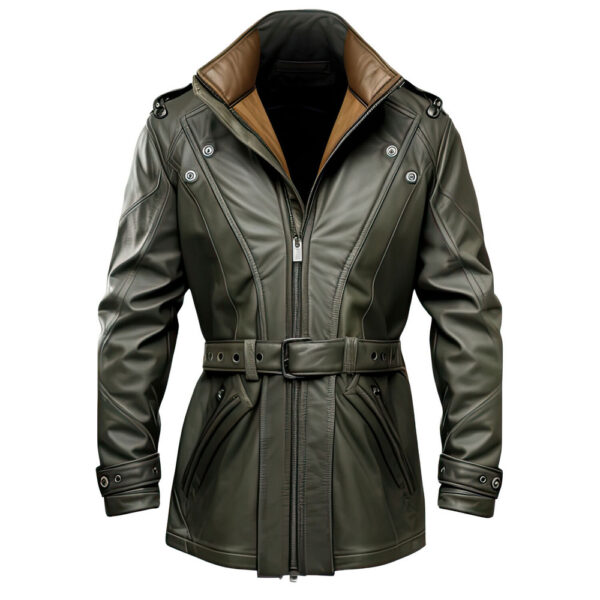Men’s Army Green Sheepskin Biker Leather Coat
