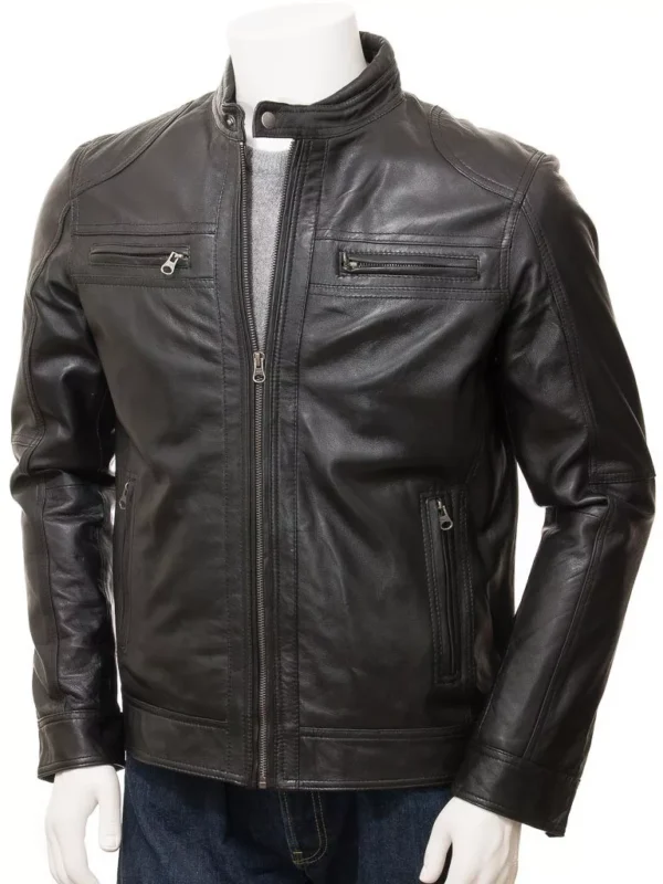 Black Leather Double Pockets Biker Jacket Men’s
