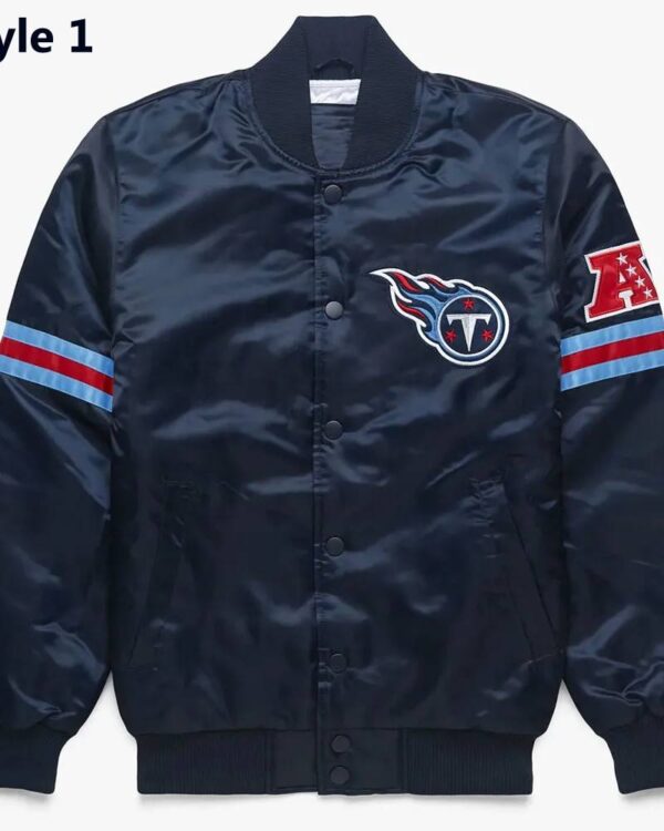 Starter Striped Tennessee Titans Blue Satin Full-Snap Bomber Jacket