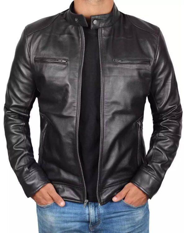 Men's Black Lambskin Leather Cafe Racer Jacket