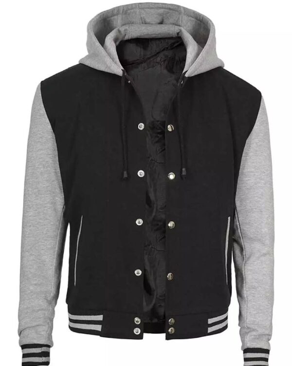 Mens Black And Grey Varsity Jacket With Hood