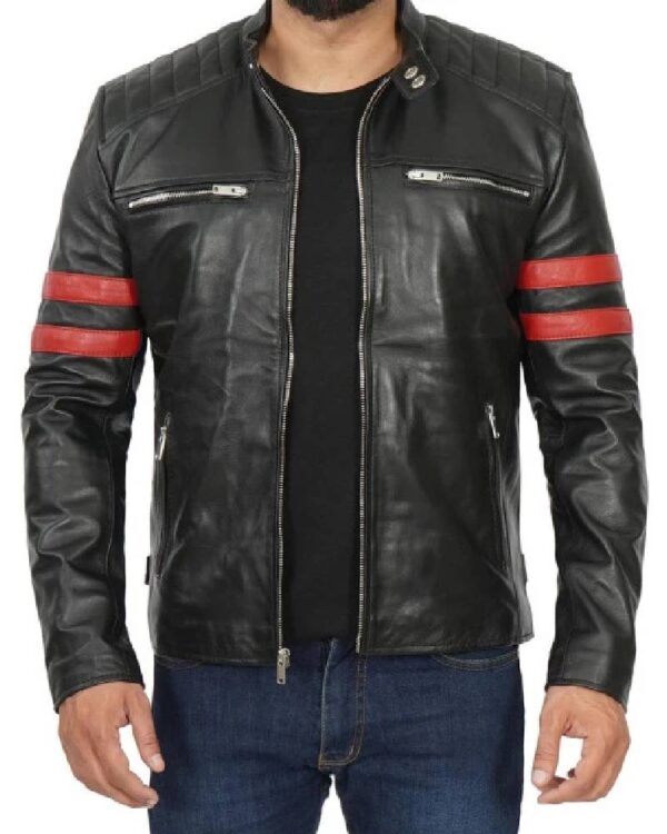 Mens Cafe Racer Black Leather Jacket with Red Stripes