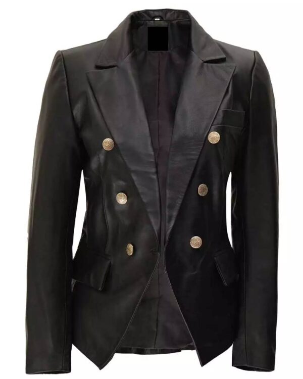 Kim Women's Double Breasted Black Leather Blazer