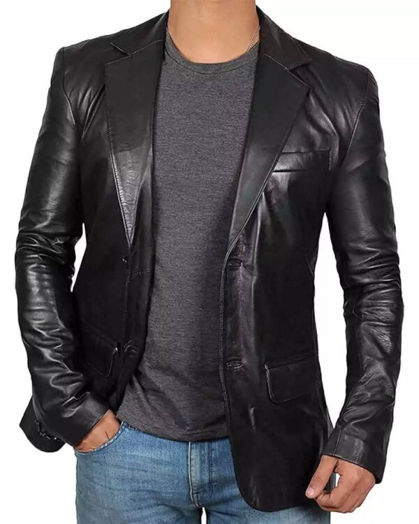 Mens Black Leather Blazer - Stylish Two Button Notch Lapel Blazer