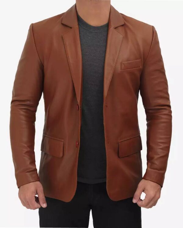 Mens Premium Two Button Cognac Leather Blazer