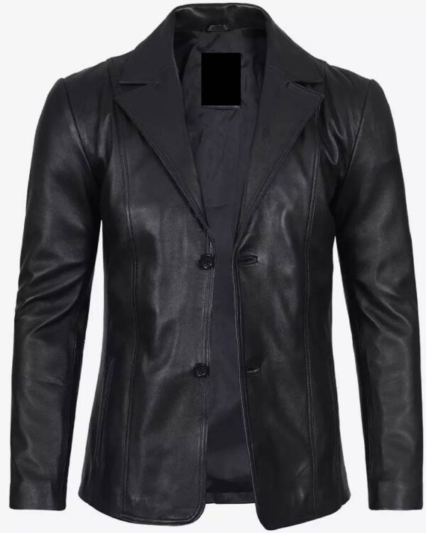 Mens Notch Lapel Two Button Black Leather Blazer