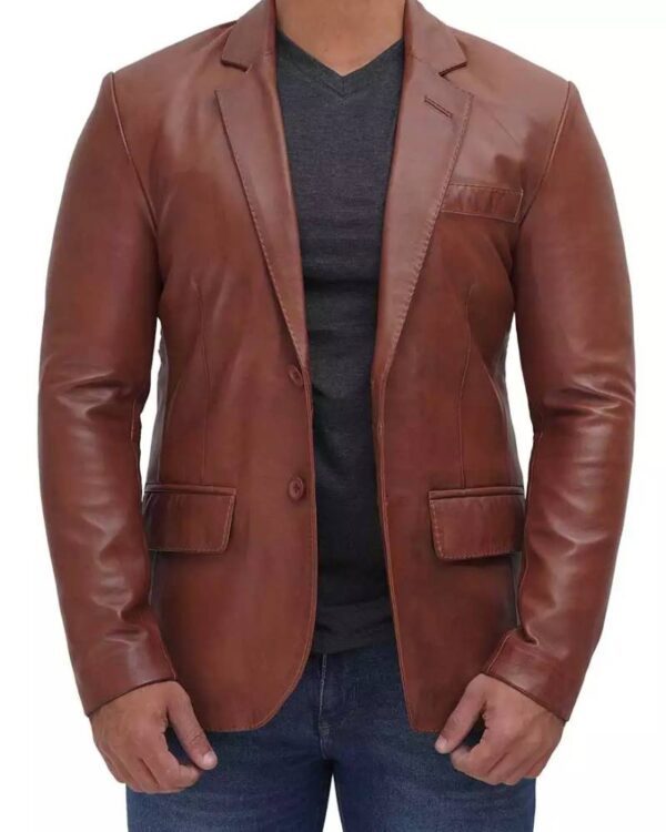 Mens Tan Two Button Leather Blazer