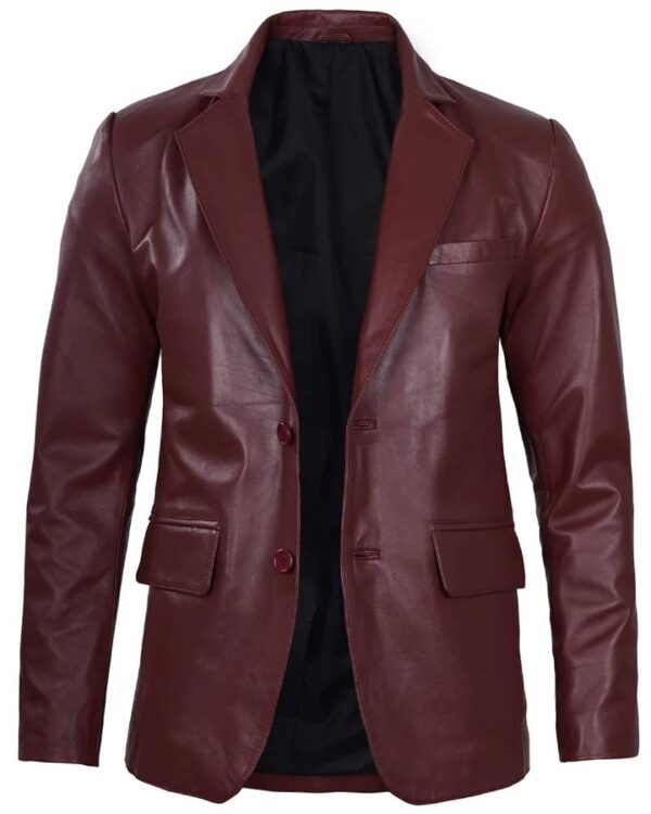 Men's Notch Lapel Maroon Leather Blazer