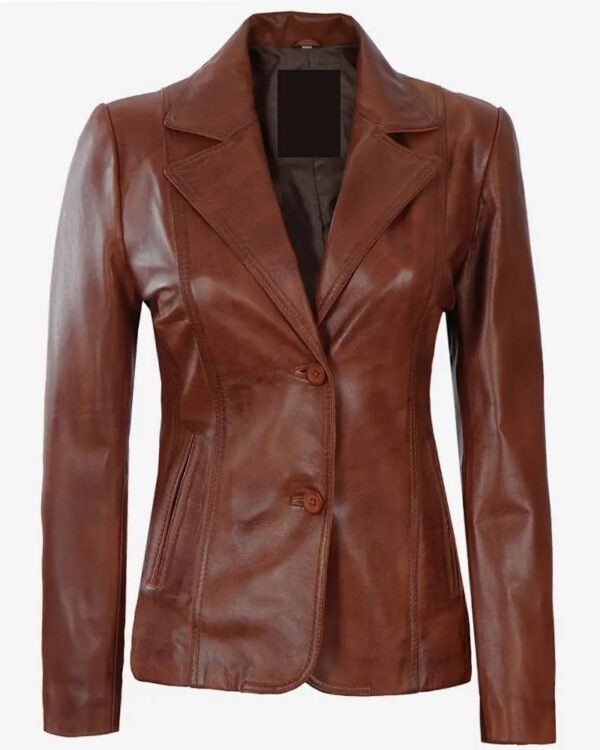 Premium Two Button Cognac Leather Blazer For Women